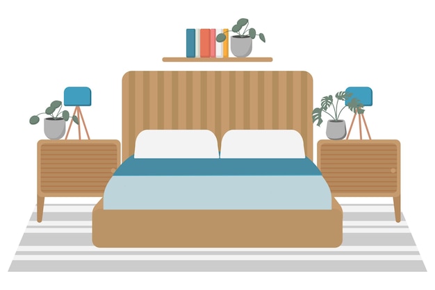 una imagen de una cama con una cabecera marrón y una mesa de café