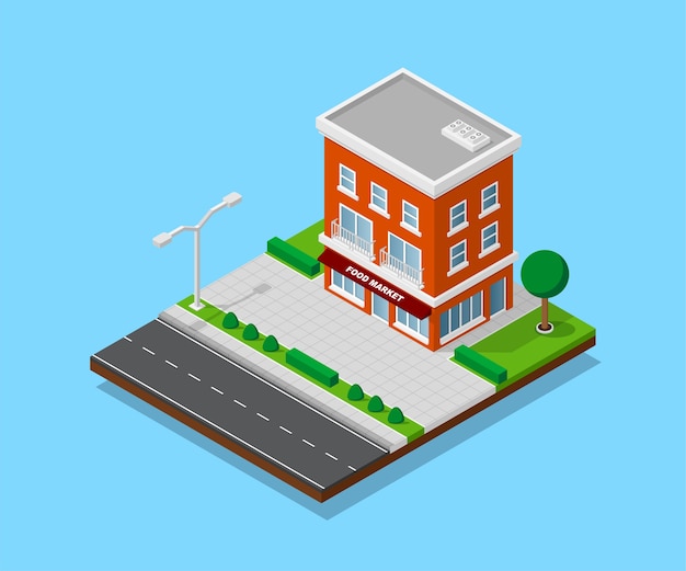 Imagen de una casa adosada con senderos, carreteras, árboles y farolas, edificio de la ciudad de baja poli, icono isométrico o elemento infográfico para la creación de mapas de la ciudad