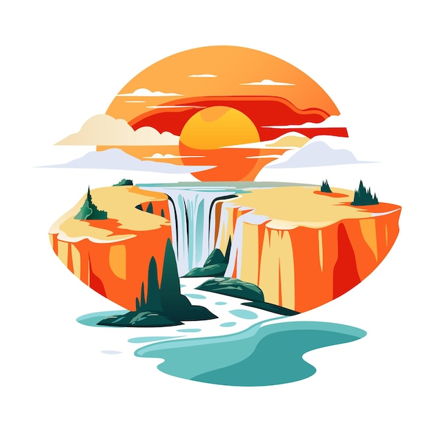 una imagen de una cascada con una puesta de sol en la parte superior