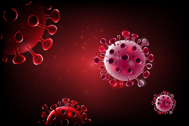 Imagen de la célula del virus COVID-19 bajo el microscopio en la sangre. Brote de coronavirus antecedentes de influenza. Concepto de riesgo de salud médica pandémica con células de la enfermedad.