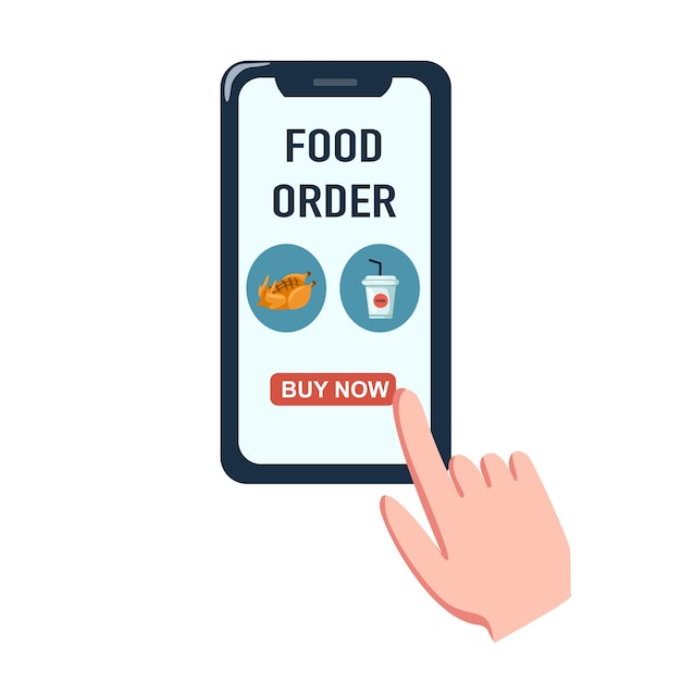 Imagen de un cliente presionando el botón con la mano en la pantalla táctil de su teléfono inteligente y haciendo un pedido de entrega de alimentos