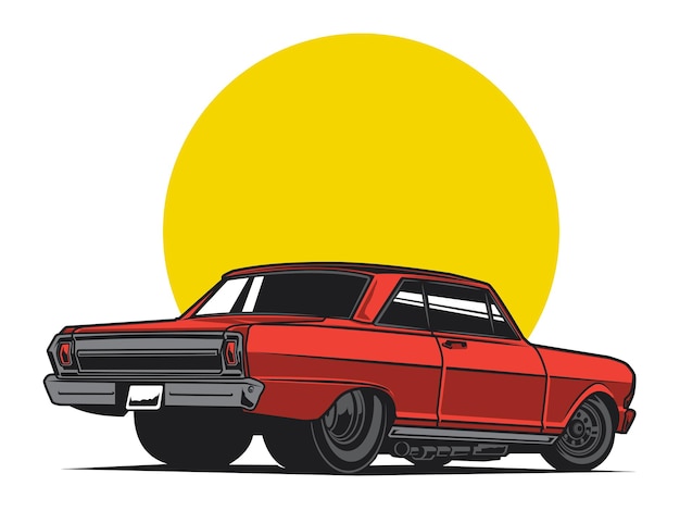 imagen de coche clásico en acento rojo con vista trasera junto con fondo redondo para ilustración de diseño vectorial