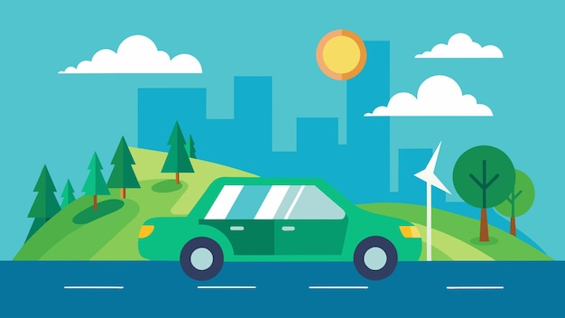 Vector una imagen de un coche eléctrico en una carretera con la frase conduciendo hacia un futuro más limpio con verde