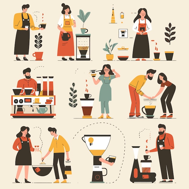una imagen de una cocina con mucho café y una mujer en delantal