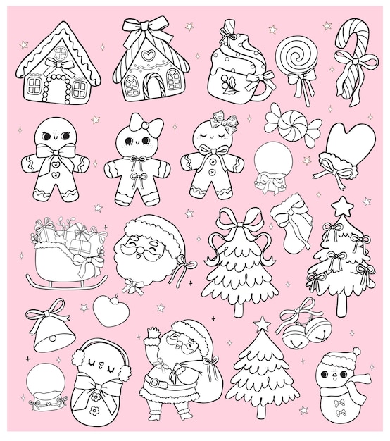 Imagen para colorear Conjunto de Coquette Navidad Pan de jengibre casa Pan dejengibre hombre y caramelo Doodle