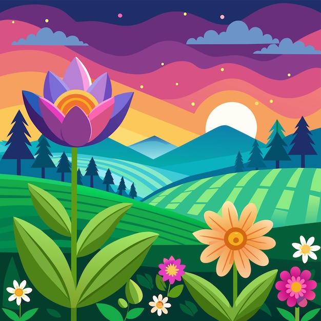 Vector una imagen colorida de un campo con flores y montañas en el fondo