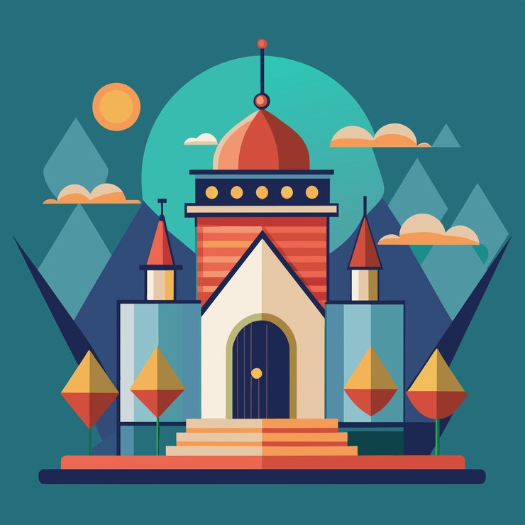 una imagen colorida de un castillo con una cúpula roja y un fondo azul