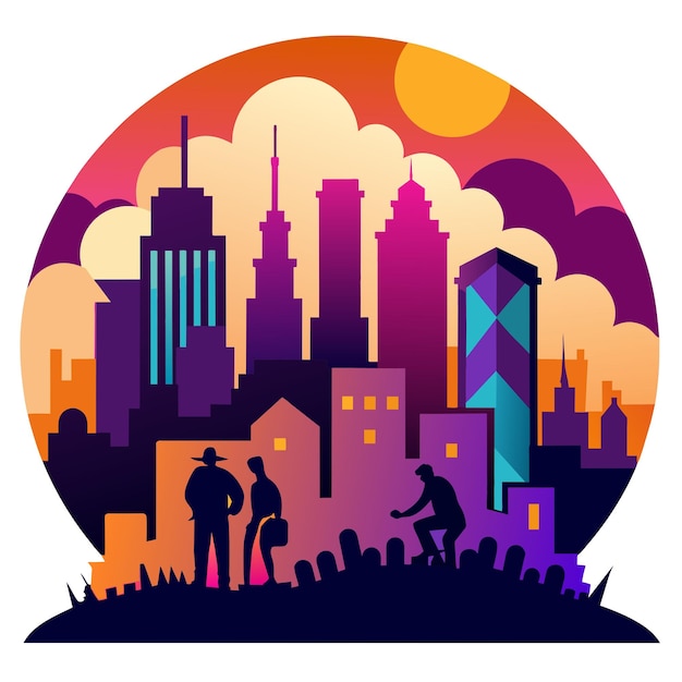 una imagen colorida de una ciudad con una ciudad en el fondo