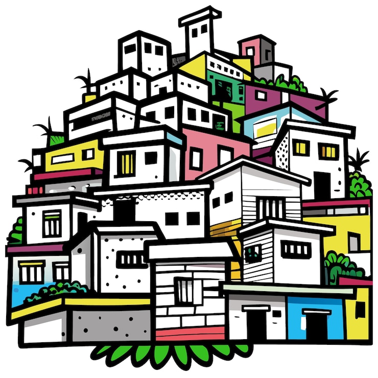 Vector una imagen colorida de una ciudad con un edificio colorido en el medio