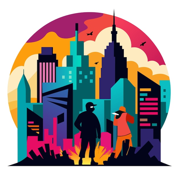 una imagen colorida de una ciudad con un paisaje urbano en el fondo