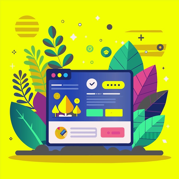 una imagen colorida de una computadora con un fondo amarillo con una imagen de colores de una planta y la palabra charla en él