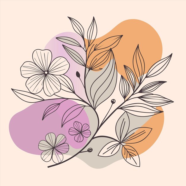 una imagen colorida de flores y hojas con un fondo rosa