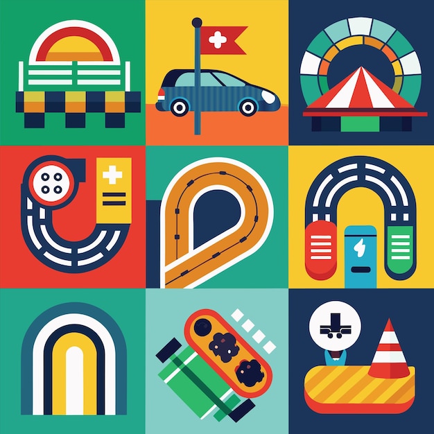una imagen colorida de un fondo colorido con diferentes imágenes de coches y un letrero que dice cita