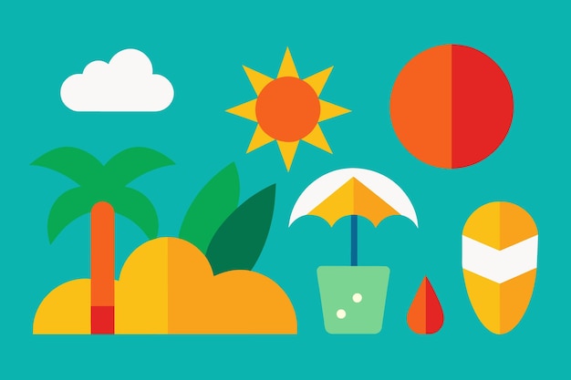 Vector una imagen colorida de una playa con un sol y un paraguas