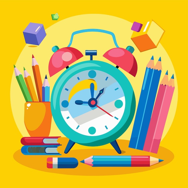 una imagen colorida de un reloj y algunos lápices