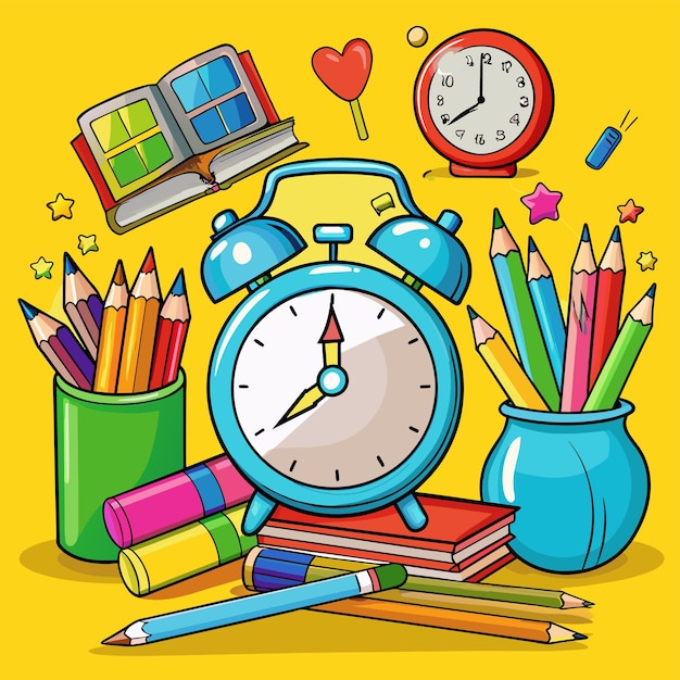una imagen colorida de un reloj y algunos lápices