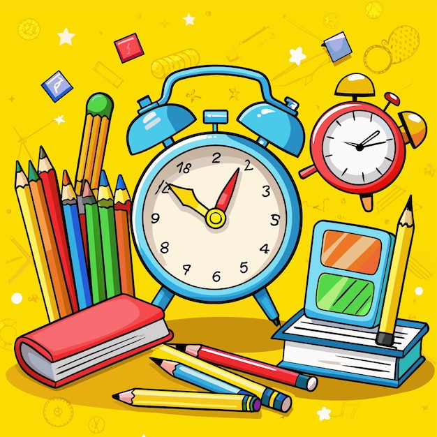 una imagen colorida de un reloj y algunos lápices