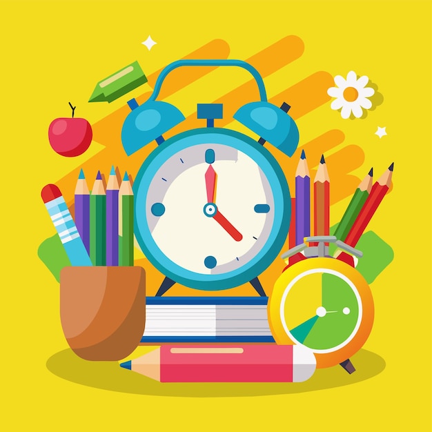 una imagen colorida de un reloj y lápices y lápizes