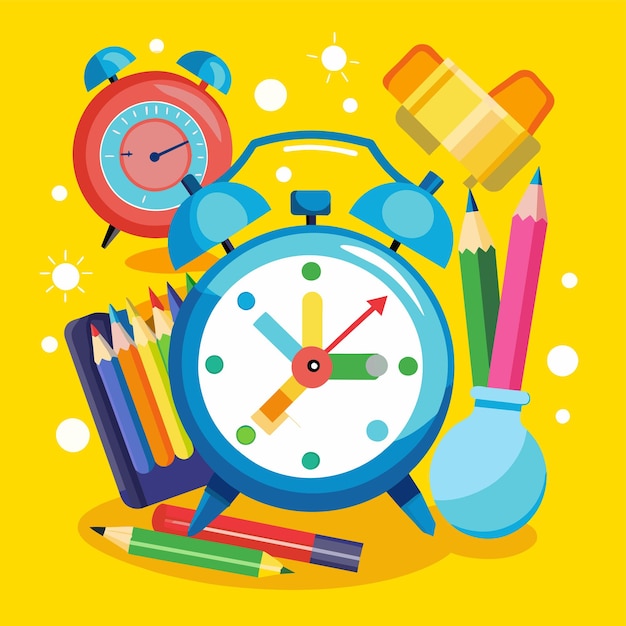 una imagen colorida de un reloj y lápices y lápizes