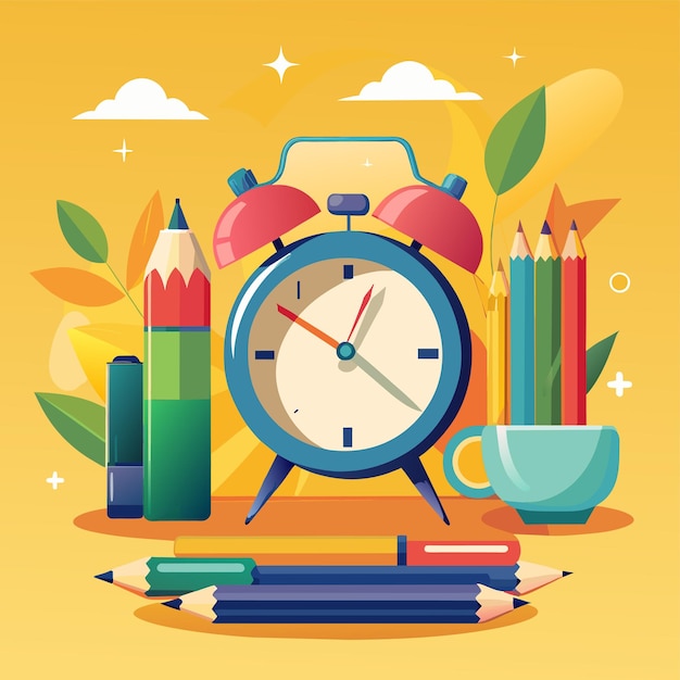 una imagen colorida de un reloj y lápices