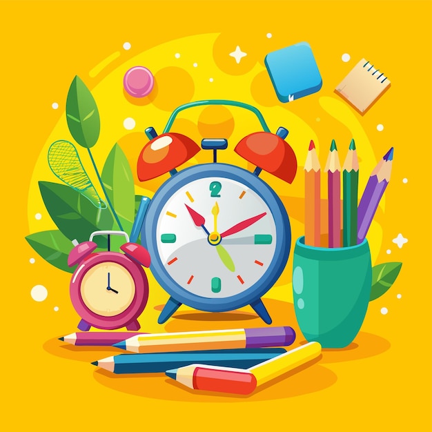 una imagen colorida de un reloj y lápices