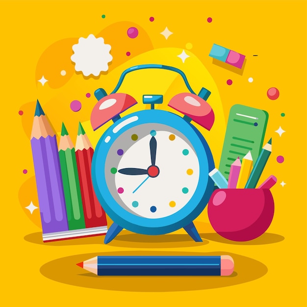 una imagen colorida de un reloj y lápices