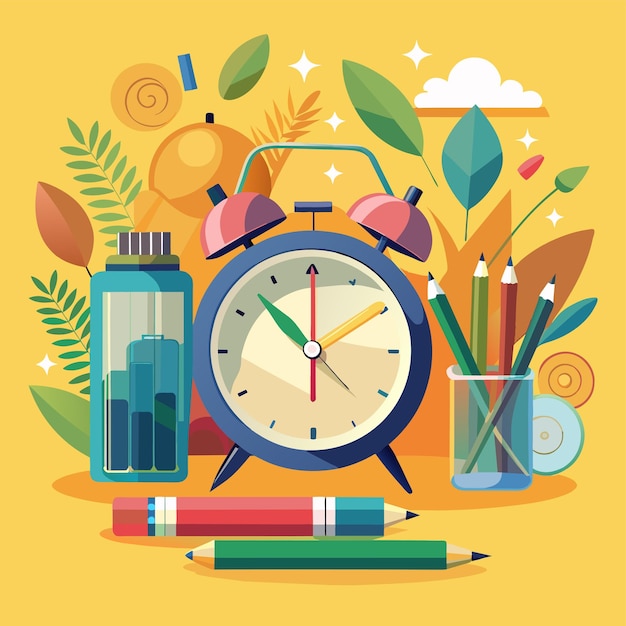 una imagen colorida de un reloj con un montón de cosas en él