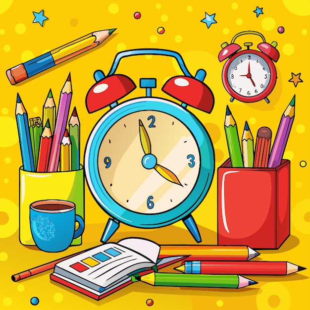 una imagen colorida de un reloj con un reloj azul y lápices