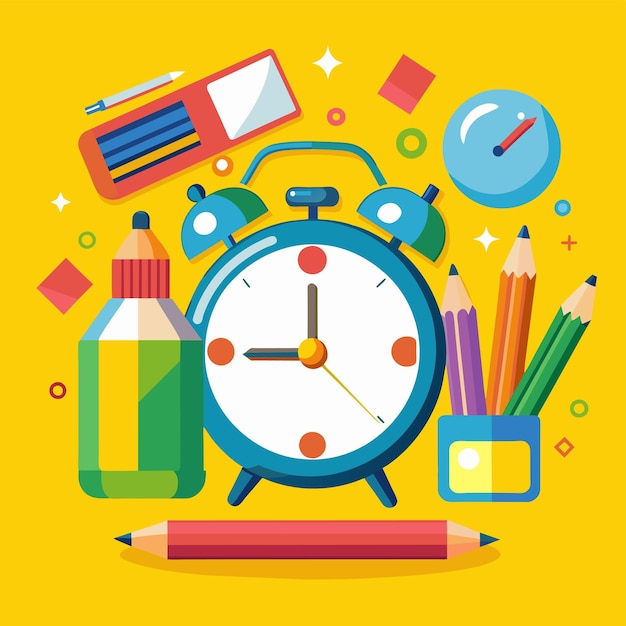 una imagen colorida de un reloj con varias cosas a su alrededor