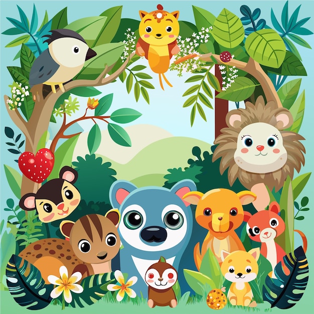 Vector una imagen colorida de una selva con muchos animales y árboles