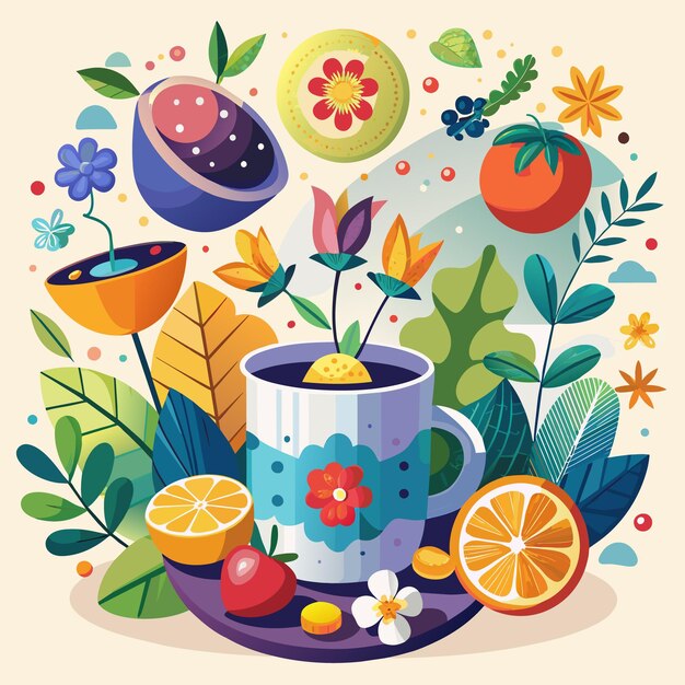 una imagen colorida de una taza de frutas y flores