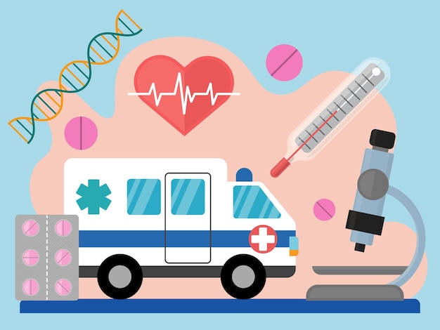 La imagen compositiva consta de pastillas de latidos cardíacos, microscopio, termómetro de ambulancia y elementos de adn