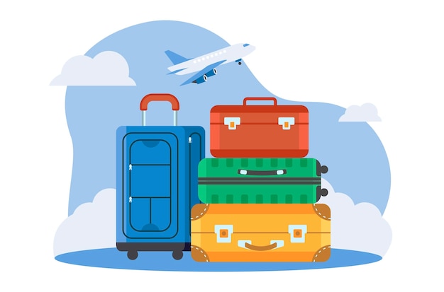 Imagen de concepto de viaje con una pila de bolsas maletas contra el cielo y el avión despegando