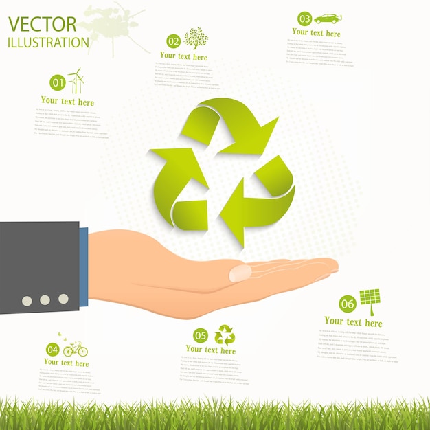 Imagen conceptual ayuda y cuidado para el reciclaje símbolo de reciclaje triangular verde en una palma abierta