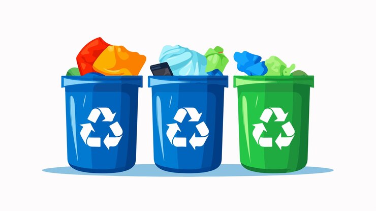 Vector una imagen de contenedores de reciclaje con un contenedor de reciclajes azul y verde y uno de ellos tiene un rectángulo en
