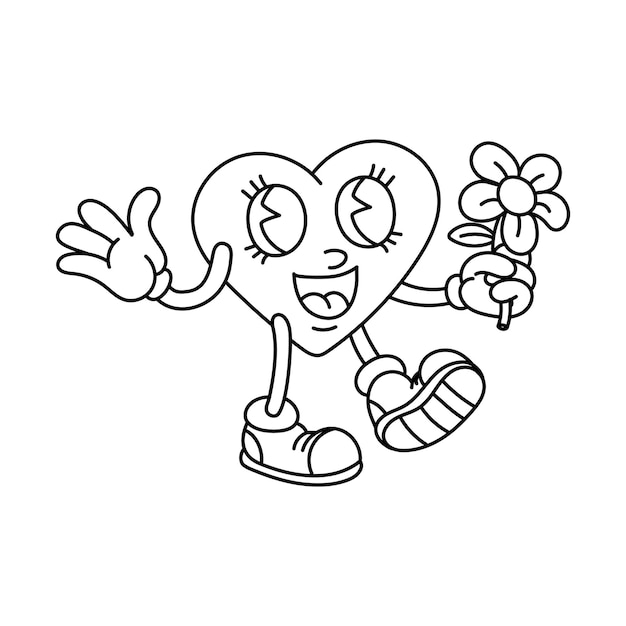 Imagen contornada corazón retro con una flor en las manos Personaje masculino con ranuras retro en forma de corazón