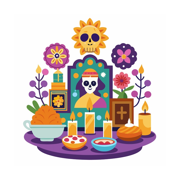 Vector una imagen de un cráneo y flores con una cruz en él