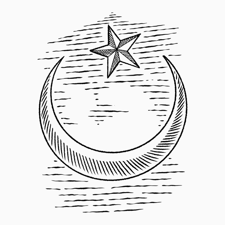 Imagen dibujada a mano de luna creciente con estrella símbolo islámico en estilo vintage Ramadan Kareem con elementos de diseño islámico religión musulmana sobre fondo turquesa Ilustración vectorial