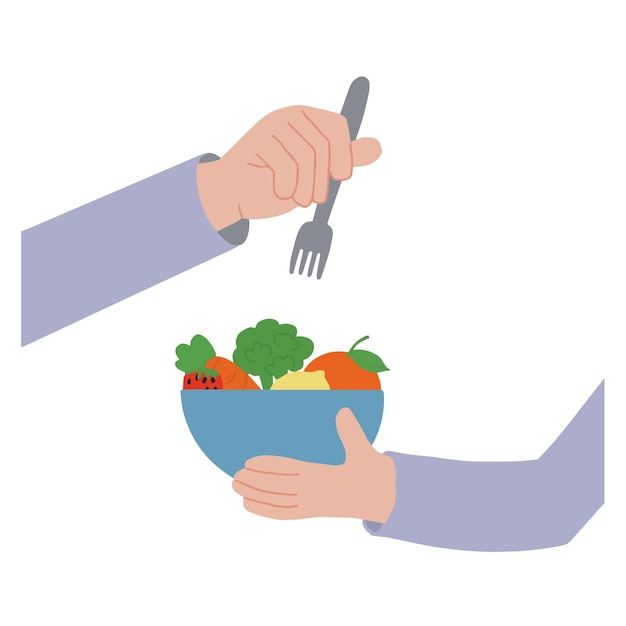 Imagen dibujando a mano un gesto con la mano usando un tenedor para comer fruta y sosteniendo un tazón lleno de comida saludable ilustración