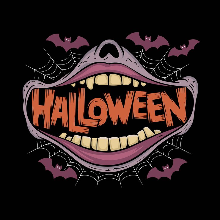 una imagen de dibujos animados de una boca con estilo de carta de Halloween