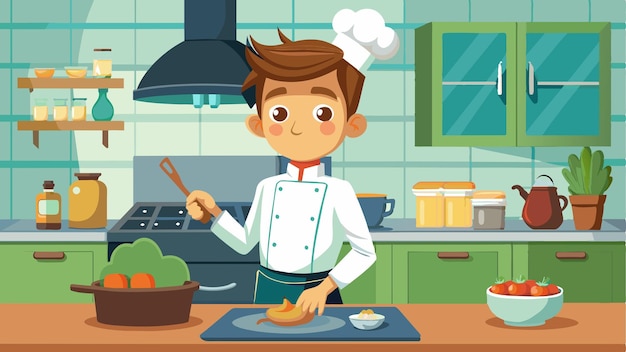 una imagen de dibujos animados de un chef cocinando en una cocina