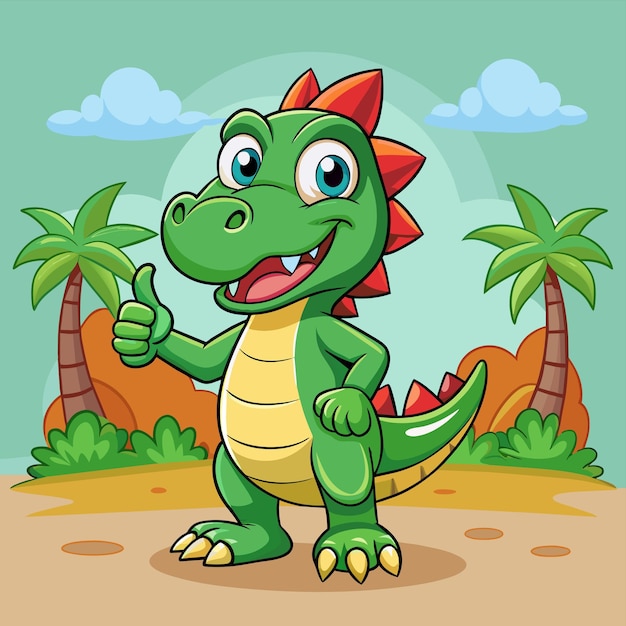 una imagen de dibujos animados de un dragón con palmeras en el fondo