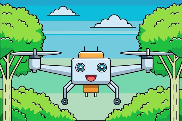 una imagen de dibujos animados de un dron con árboles en el fondo