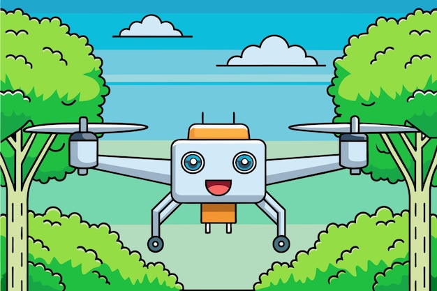 Vector una imagen de dibujos animados de un dron con árboles en el fondo