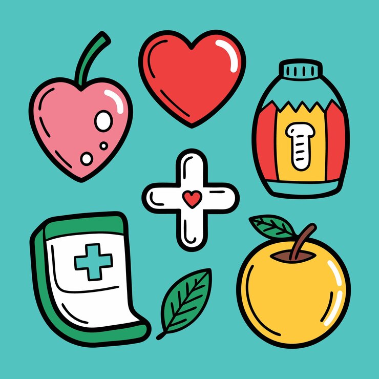 Vector imagen de dibujos animados de frutas un corazón un signo más y una botella con un tornillo en un fondo azulado