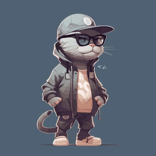 Una imagen de dibujos animados de un gato con un sombrero y gafas de sol ilustración vectorial concepto de personaje animal