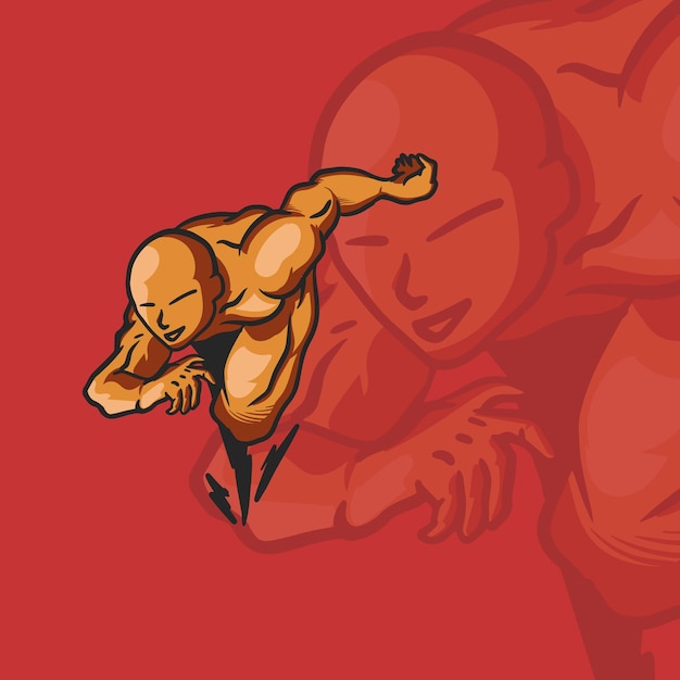 Una imagen de dibujos animados de un hombre saltando sobre una ilustración muscular gigante para el diseño de logotipos y camisetas