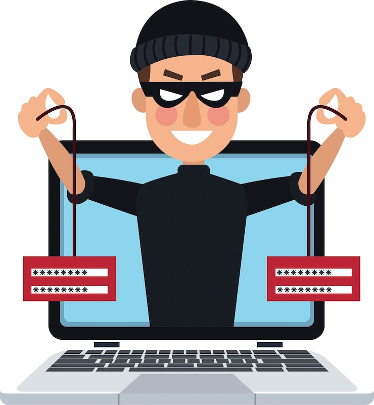 Vector una imagen de dibujos animados de un hombre sosteniendo dos etiquetas rojas en una computadora portátil