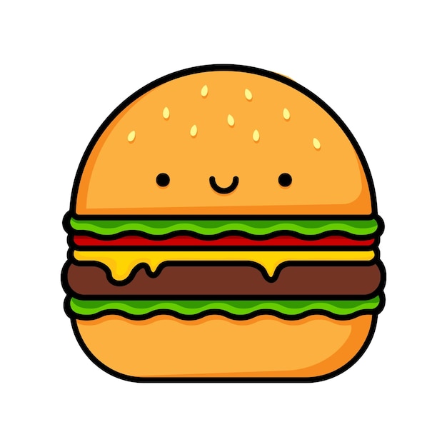 Imagen de dibujos animados de una linda hamburguesa sonriente Ilustración de alimentos Ilustración vectorial