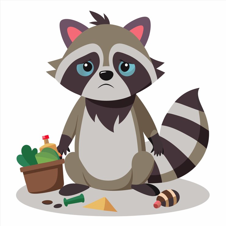 Vector una imagen de dibujos animados de un mapaches con una cesta de verduras y una cesta de cactus